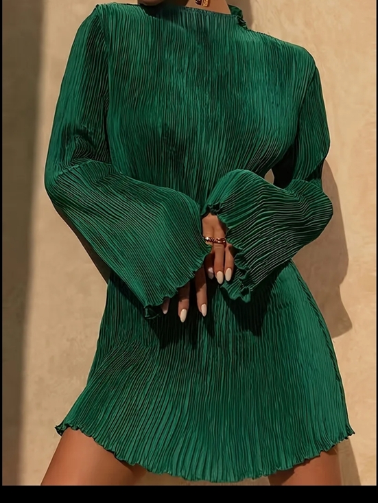 Dresses & Skirts - Emerald Pleated Long-Sleeve Mini Dress